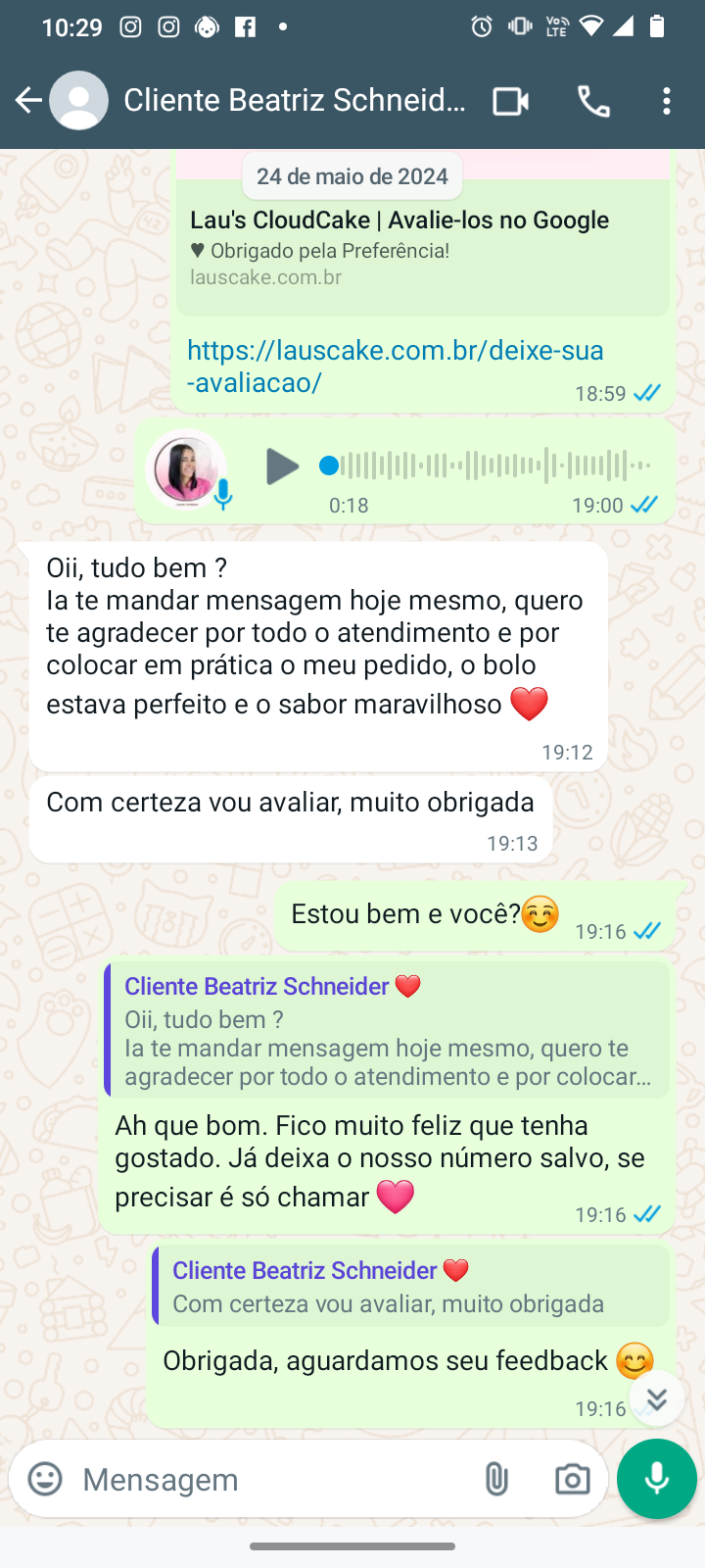 Print de conversa de WhatsApp com cliente agradecendo o pedido